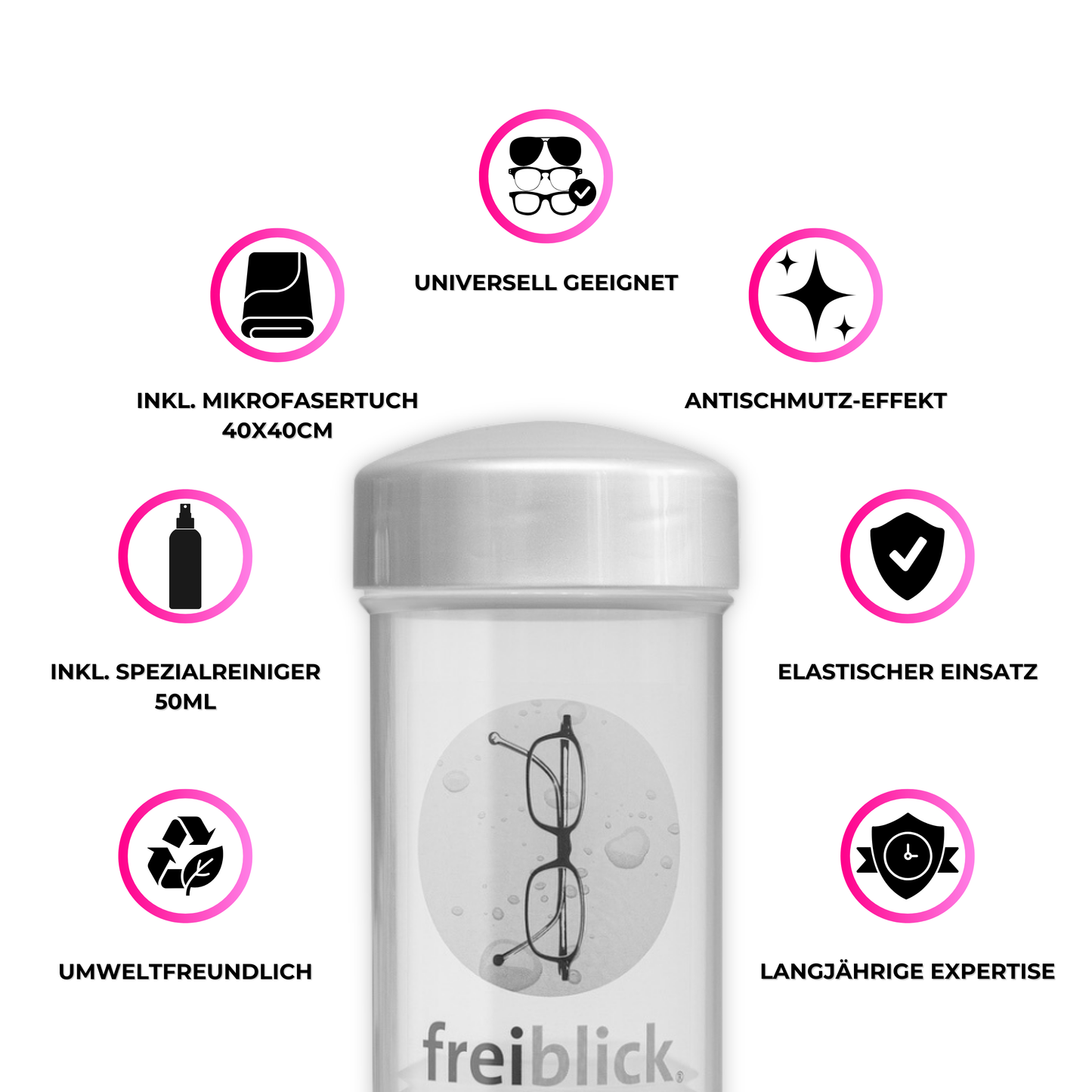 EyeAm Freiblick Brillenbad Set Grau – Icons mit Vorteilen: streifenfrei, wiederverwendbar, antistatisch, für Kunststoff- und Glasgläser geeignet, nachhaltig