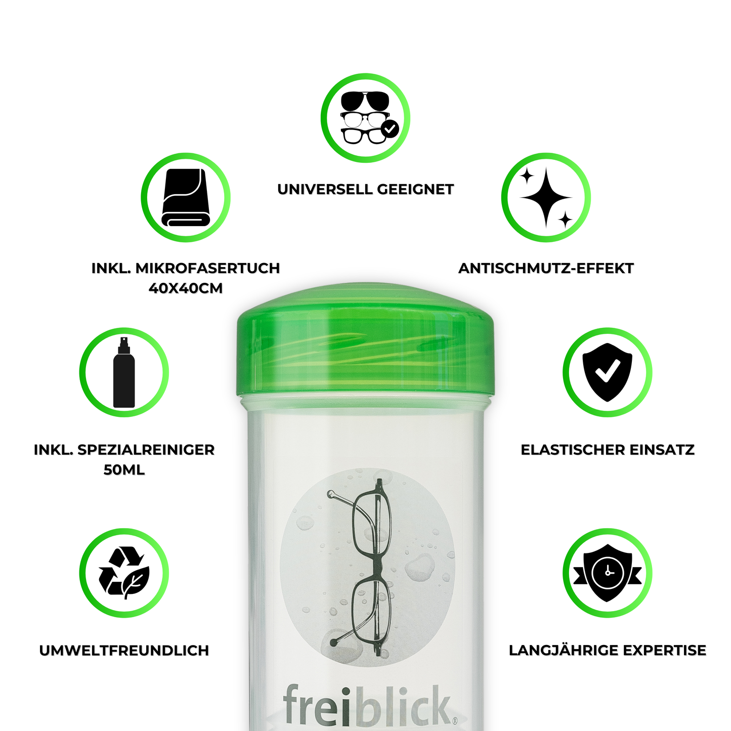 EyeAm Freiblick Brillenbad Set Grün – Icons mit Vorteilen: streifenfrei, wiederverwendbar, antistatisch, für Kunststoff- und Glasgläser geeignet, nachhaltig