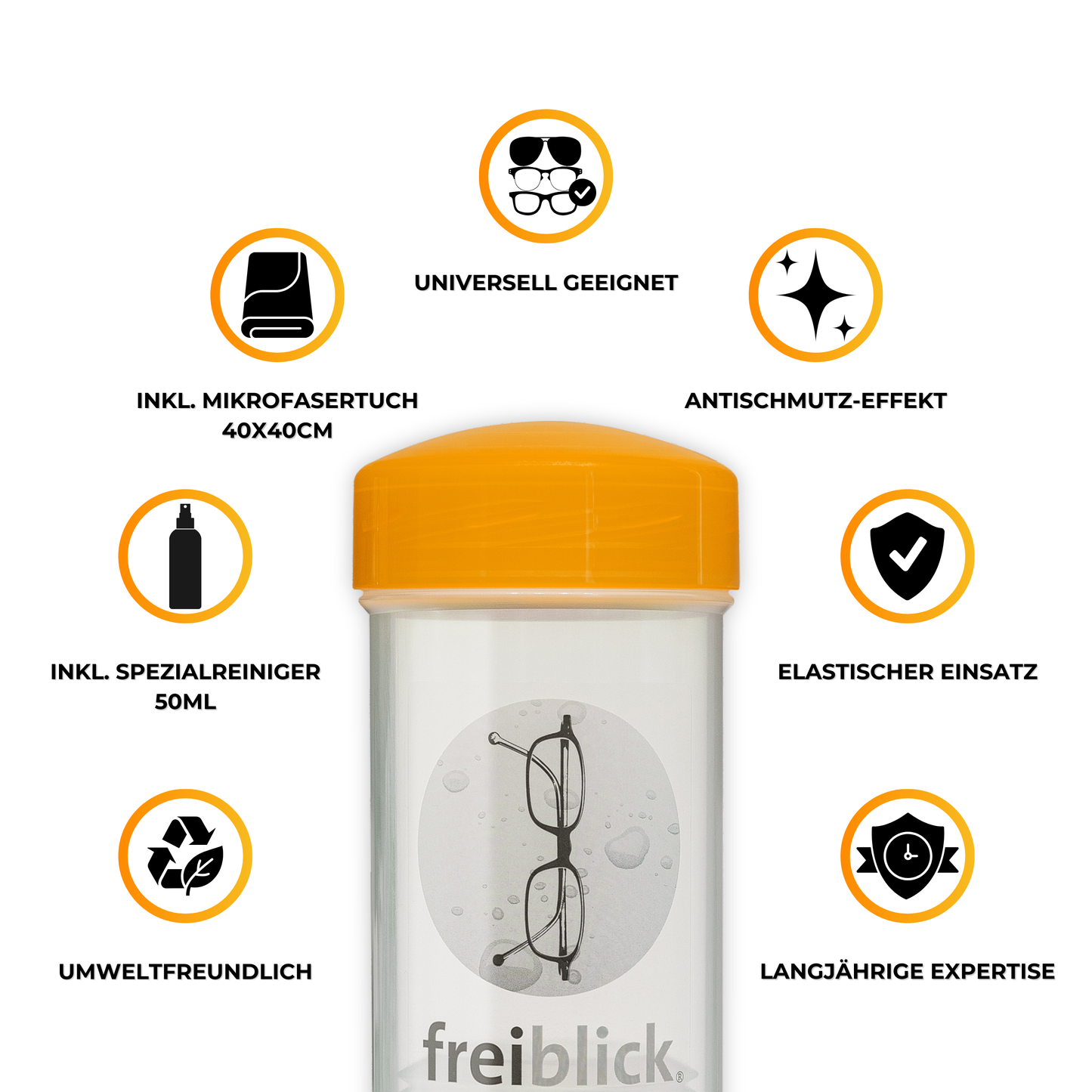 EyeAm Freiblick Brillenbad Set Orange – Icons mit Vorteilen: streifenfrei, wiederverwendbar, antistatisch, für Kunststoff- und Glasgläser geeignet, nachhaltig