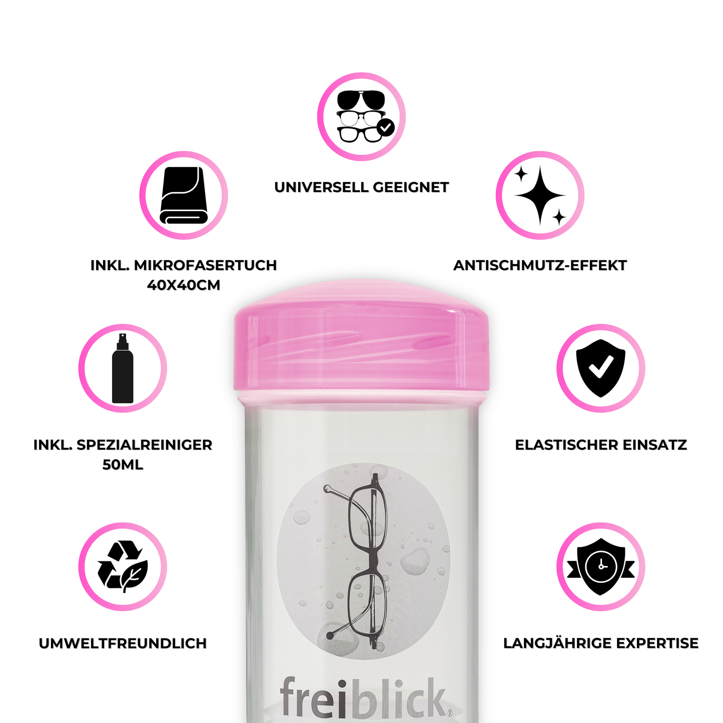 EyeAm Freiblick Brillenbad Vorteile im Überblick: Gründliche Reinigung, Spezialreiniger mit Antischmutz-Effekt, Mikrofasertuch in Optikerqualität, für alle Brillentypen geeignet, nachhaltig und entwickelt mit Augenoptik-Kompetenz aus Hamburg.