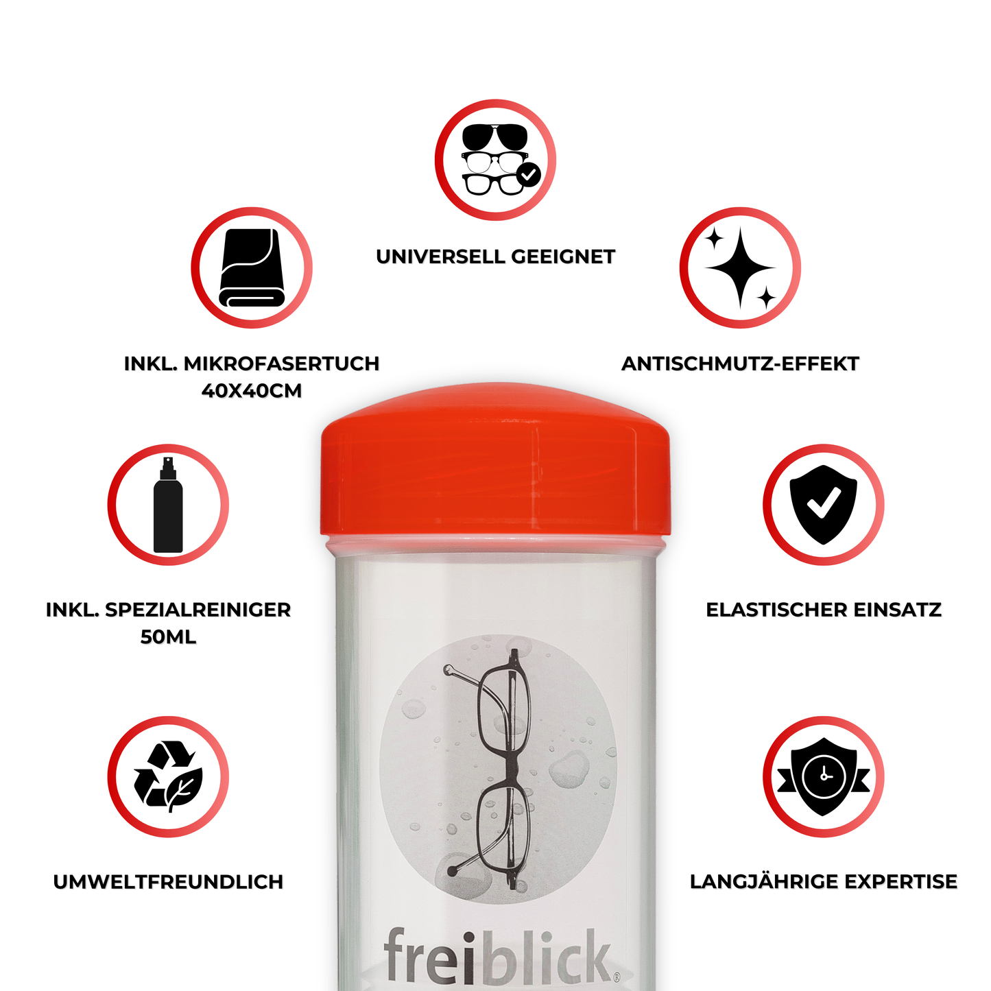 EyeAm Freiblick Brillenbad Set Rot – Icons mit Vorteilen: streifenfrei, wiederverwendbar, antistatisch, für Kunststoff- und Glasgläser geeignet, nachhaltig