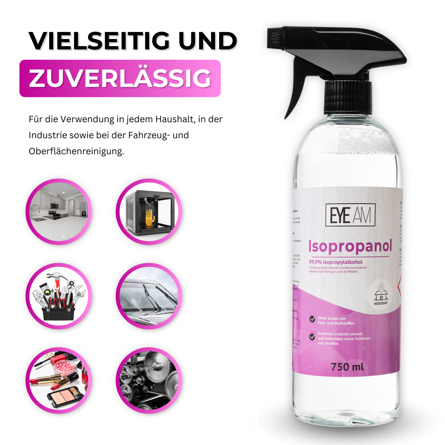 EyeAm Isopropanol 99,9% – Übersicht möglicher Anwendungen: 3D-Druck, Harzentfernung, Kosmetik, Fahrzeuge, Lackvorbereitung, Haushalt.