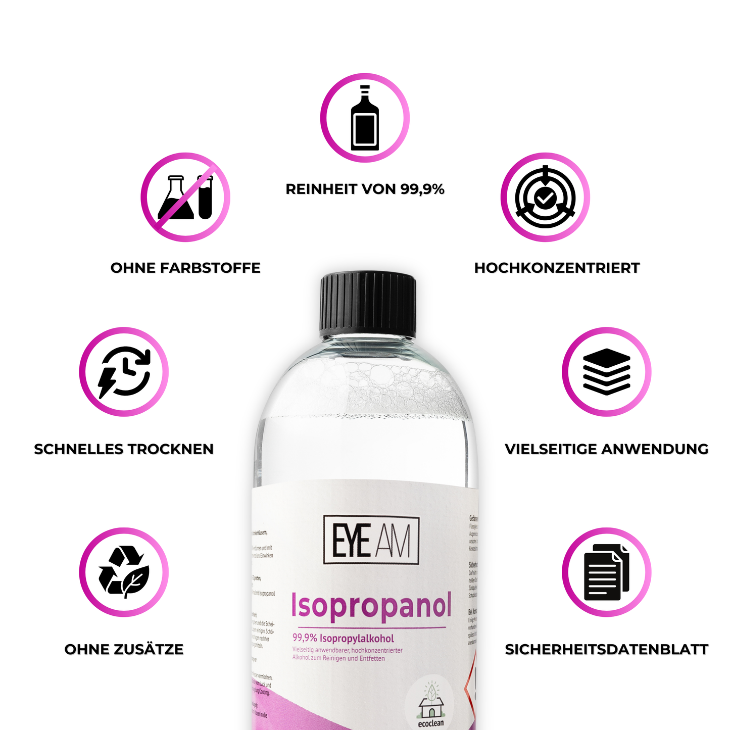 Anwendungsbereiche von EyeAm Isopropanol: Entfettet, verdampft rückstandsfrei, lösungsmittelfrei, ohne Farb- und Duftstoffe