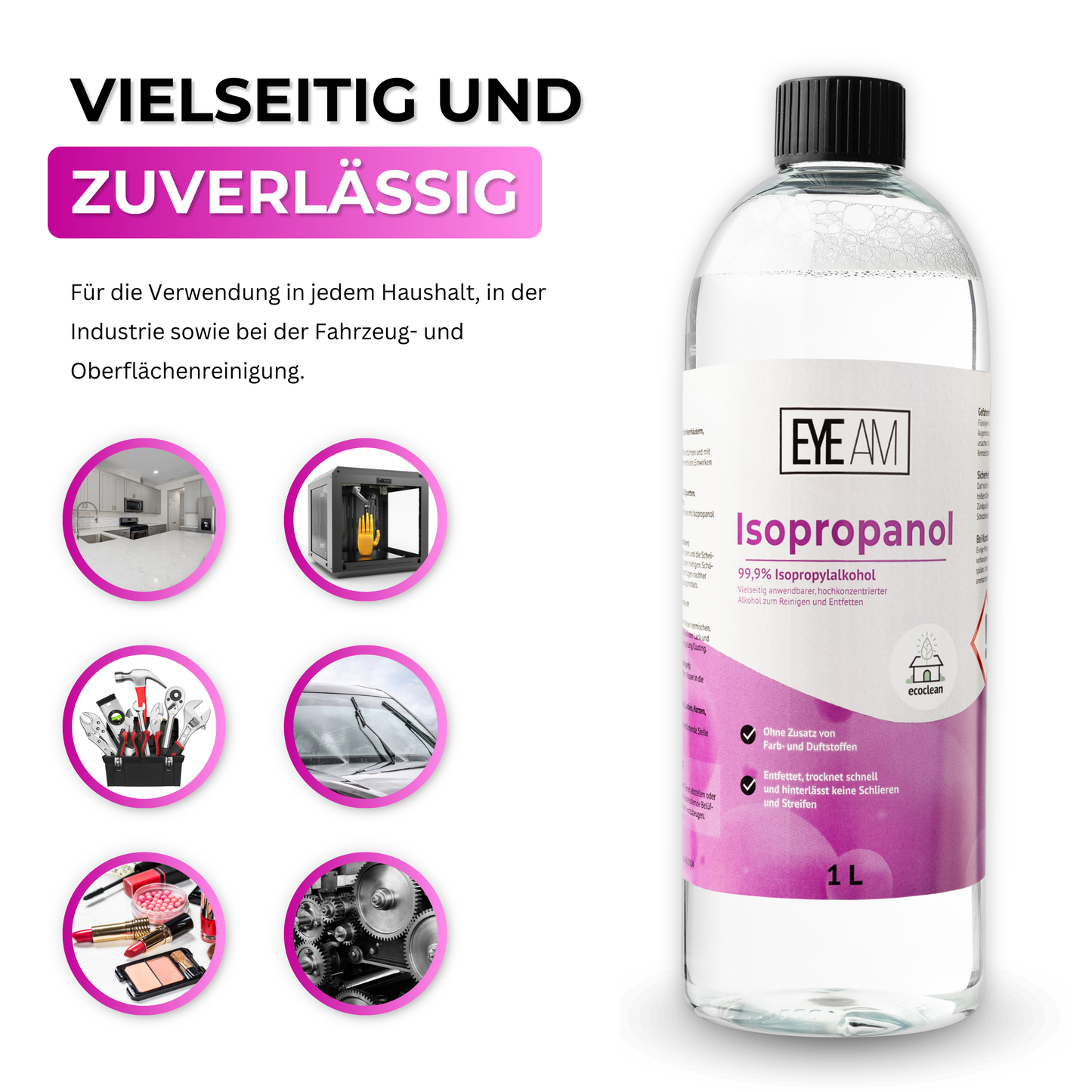 EyeAm Isopropanol im Einsatz – Beispiele: Zahnarztinstrumente, Glasflächen, Werkzeuge, Elektronik, Make-up-Pinsel, Fahrzeuge.