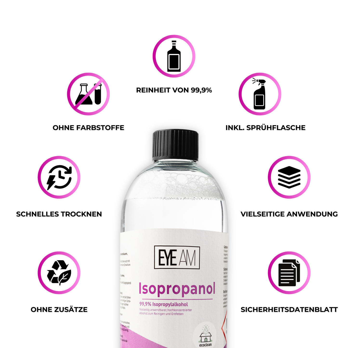 EyeAm Isopropanol Vorteile – Icons zu fettlösend, schnell trocknend, rückstandsfrei, ohne Duftstoffe, chlorfrei & universell einsetzbar. Inkl. Sprühflasche