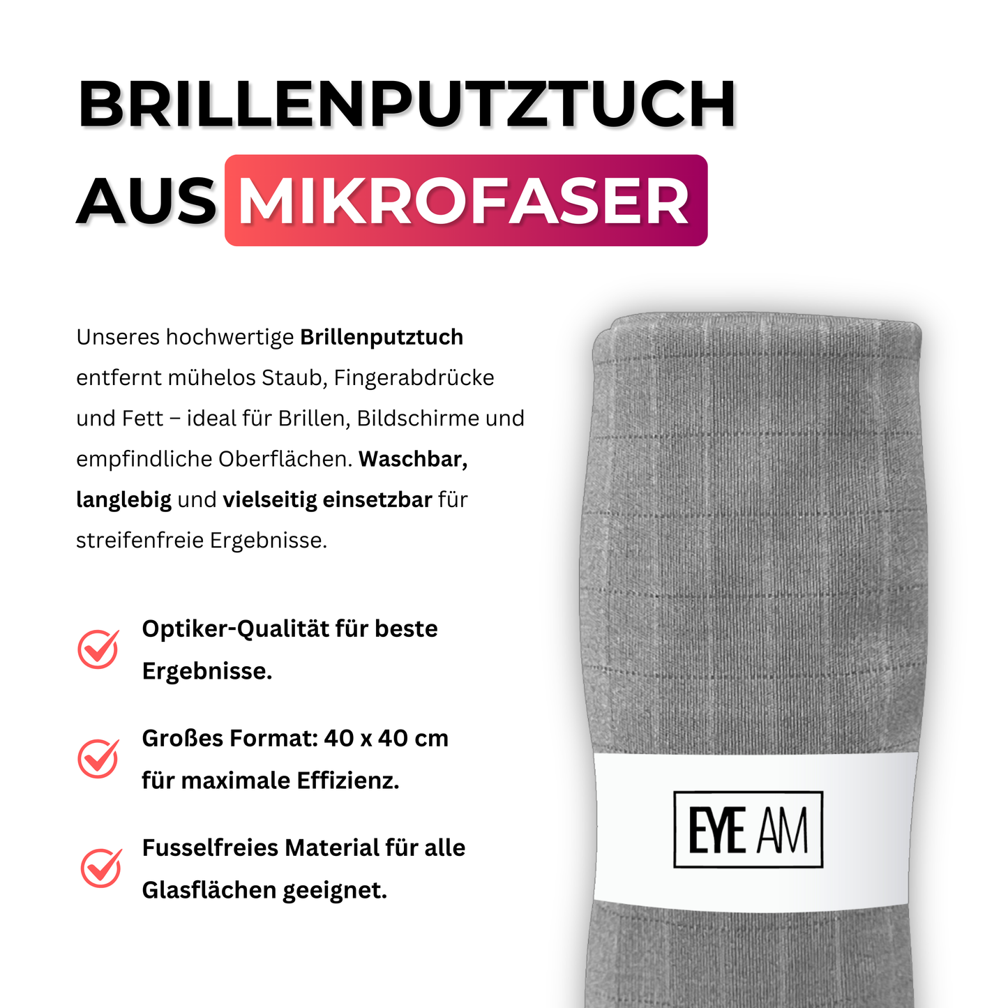 Makroaufnahme des EyeAm Mikrofaser Brillenputztuchs – ultrafeine Struktur, schmaler Saum für kratzerfreie Reinigung