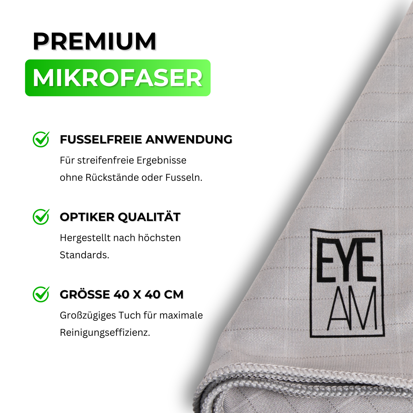 EyeAm Mikrofasertuch Grün 40x40 cm – fusselfrei, ultrafein & ideal für optische Gläser im Brillenbad Set – auch für strukturierte Oberflächen geeignet