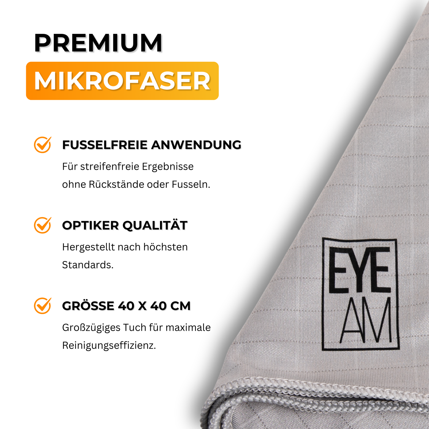 EyeAm Mikrofasertuch Orange 40x40 cm – fusselfrei, ultrafein & ideal für optische Gläser im Brillenbad Set – auch für strukturierte Oberflächen geeignet