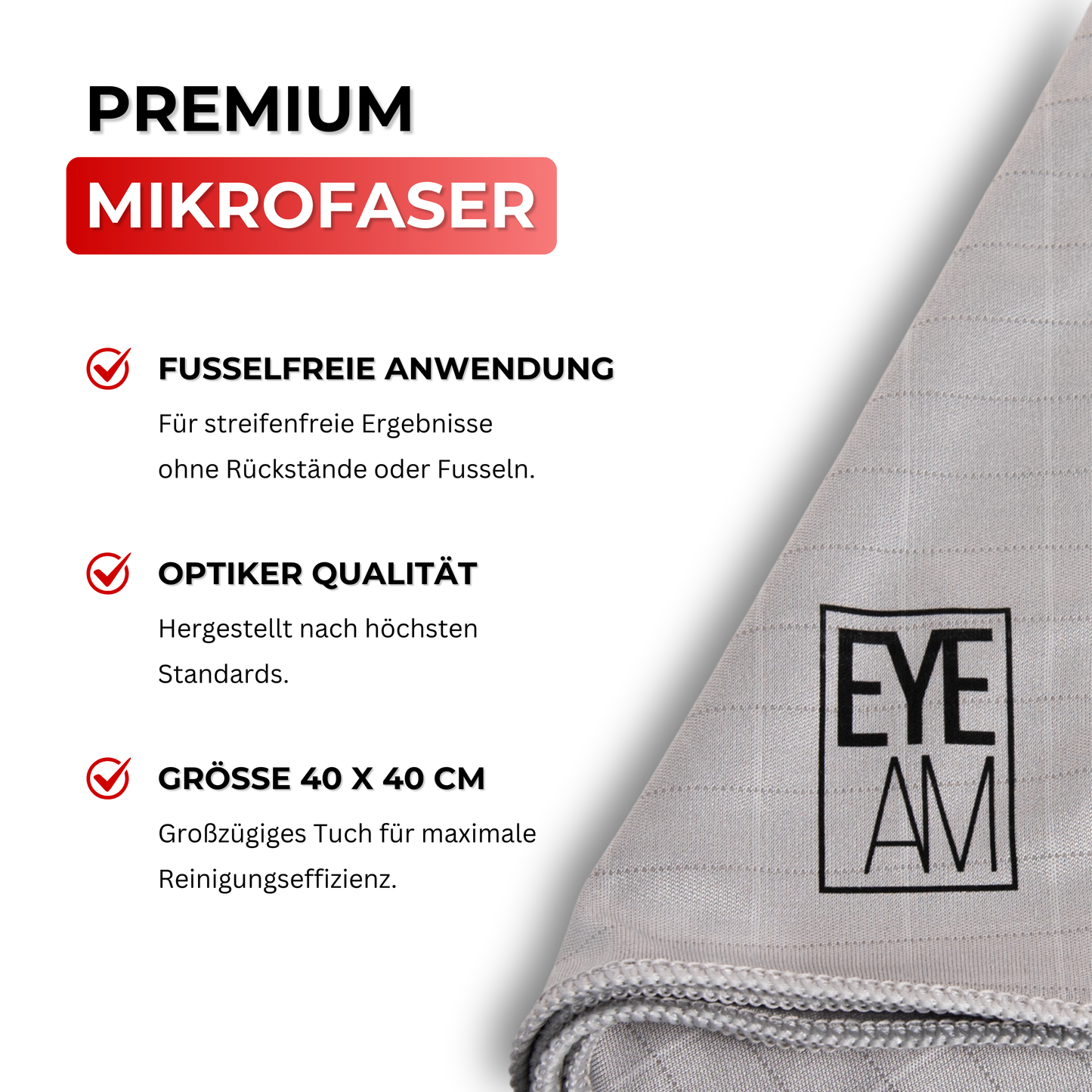 EyeAm Mikrofasertuch Rot 40x40 cm – fusselfrei, ultrafein & ideal für optische Gläser im Brillenbad Set – auch für strukturierte Oberflächen geeignet