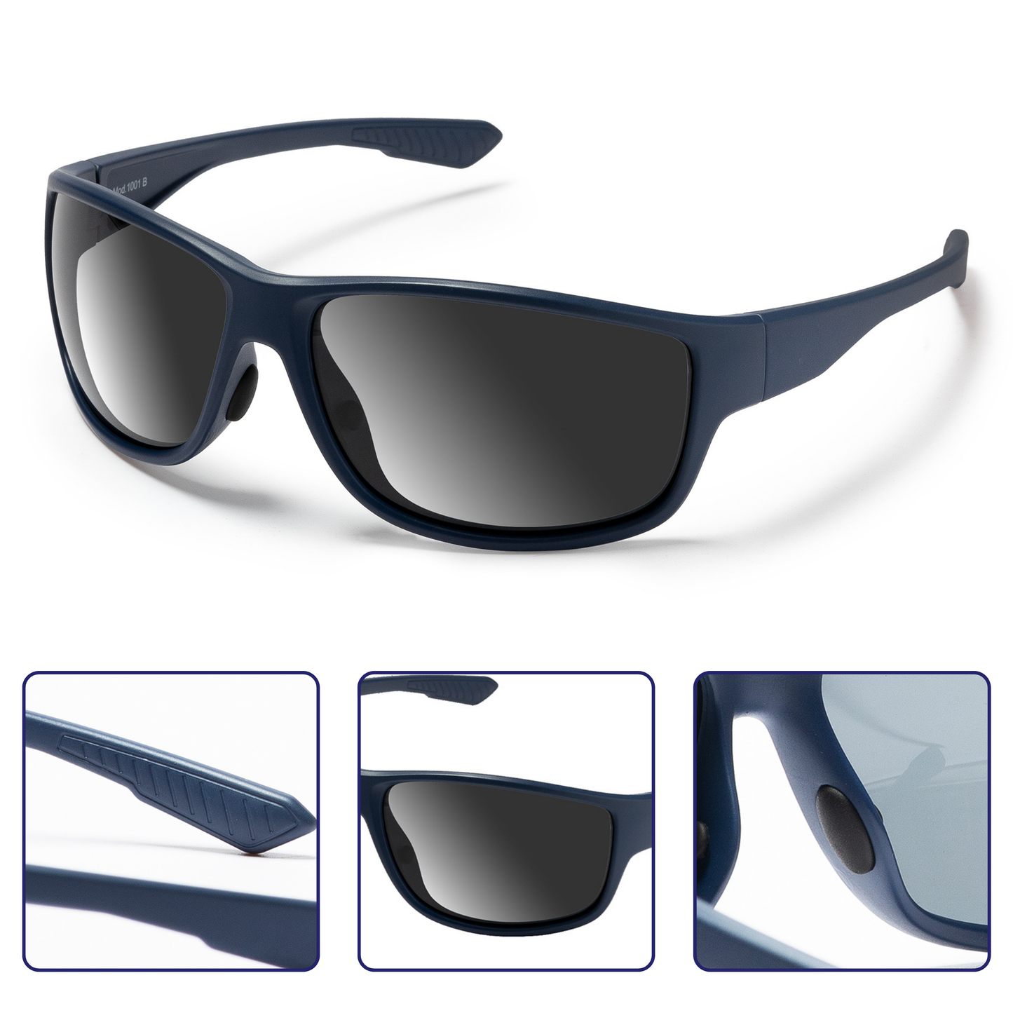 EyeAm Sportbrille Blau aus verschiedenen Blickwinkeln – moderne Form mit robustem Rahmen und Soft-Grip-Bügeln