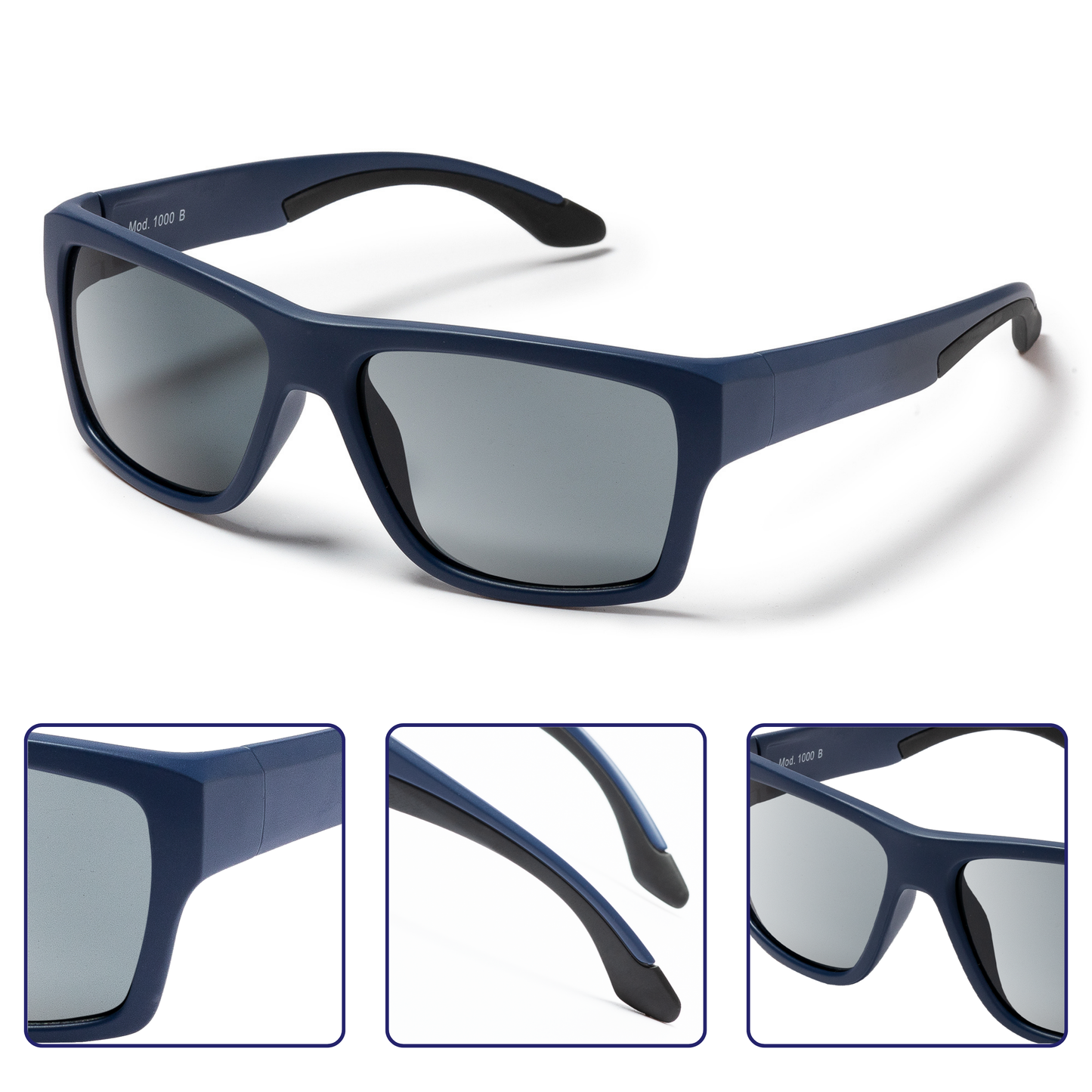 EyeAm Sportbrille Blau aus verschiedenen Blickwinkeln – moderne Form mit robustem Rahmen und Soft-Grip-Bügeln