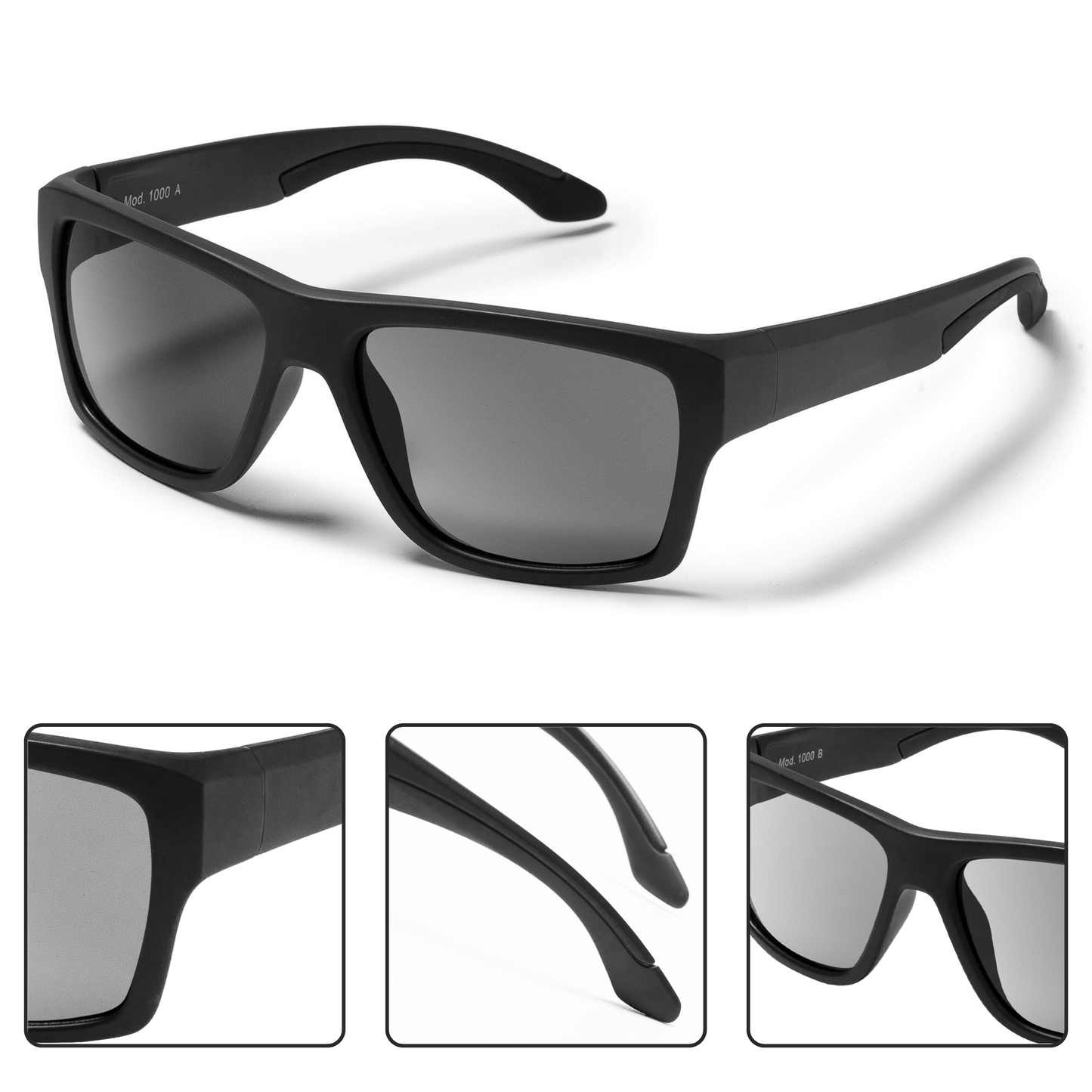 EyeAm Sportbrille Schwarz aus verschiedenen Blickwinkeln – moderne Form mit robustem Rahmen und Soft-Grip-Bügeln
