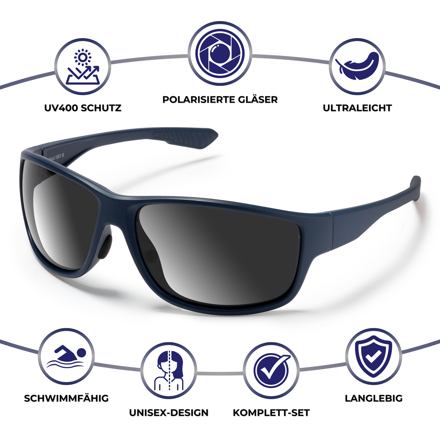Vorteile der EyeAm Sportbrille: polarisiert, UV400 Schutz, ultraleicht, schwimmfähig – perfekt für Sport & Reisen