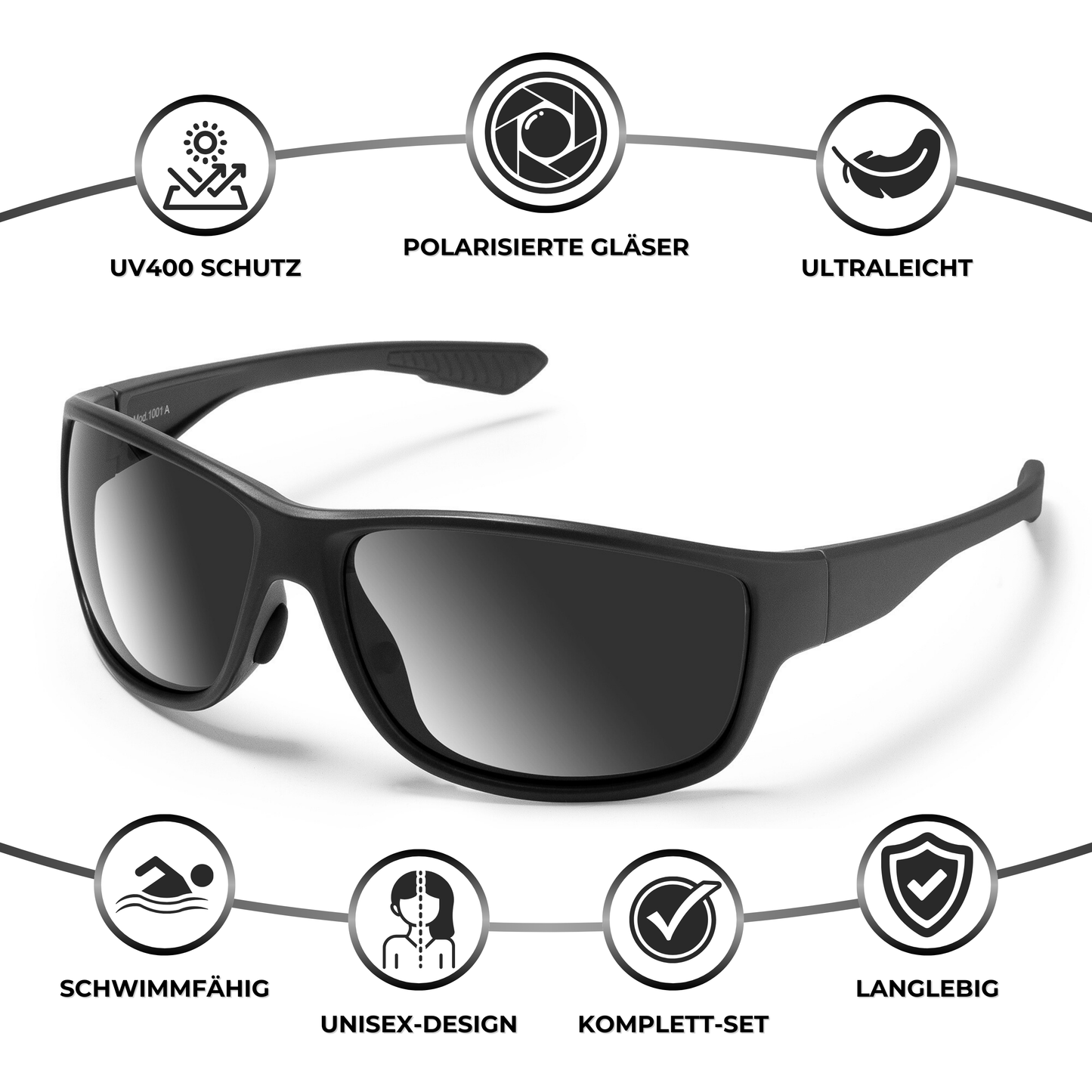 Vorteile der EyeAm Sportbrille: polarisiert, UV400 Schutz, ultraleicht, schwimmfähig – perfekt für Sport & Reisen