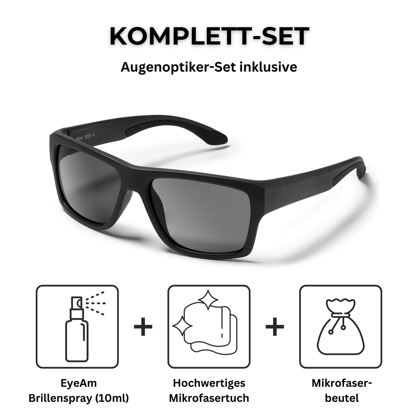 EyeAm Sportbrillen-Set – mit 10ml Brillenspray, Mikrofaser-Reinigungstuch und Transportbeutel für optimale Pflege