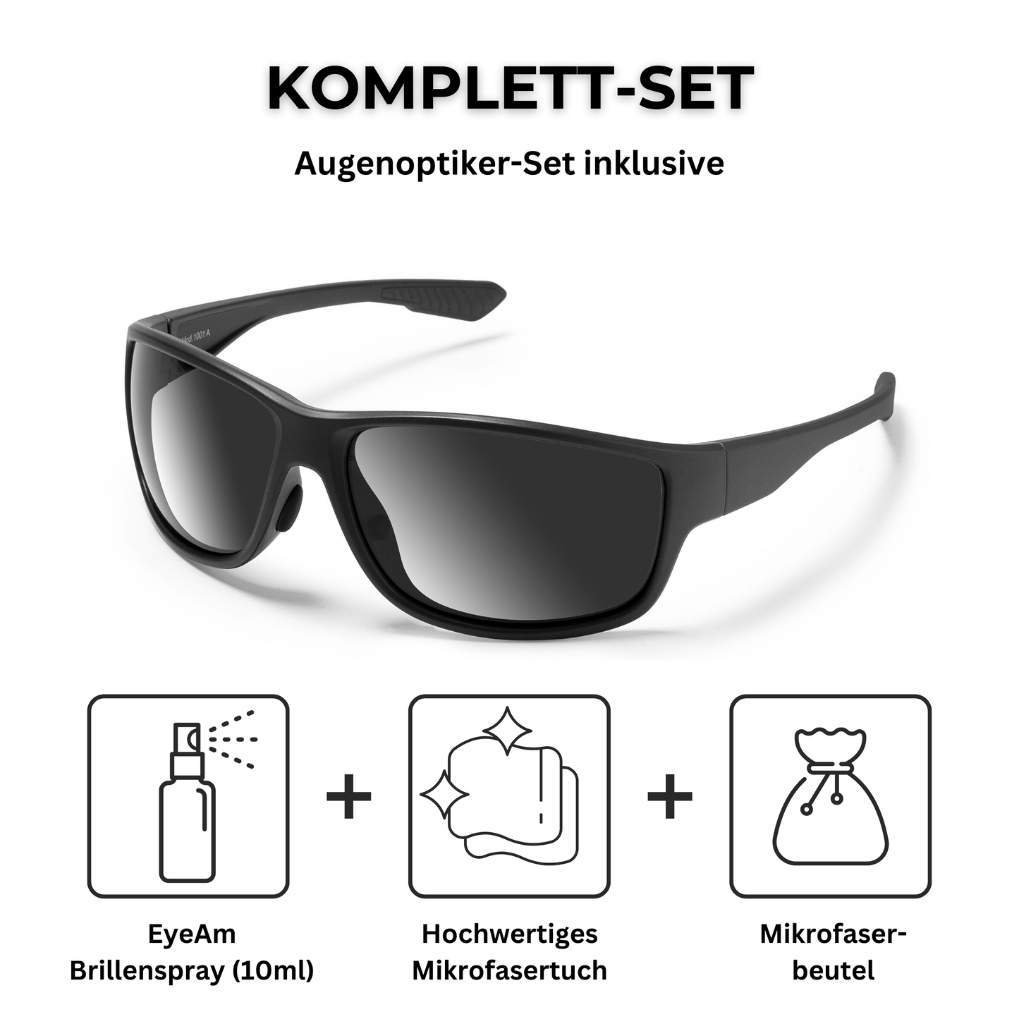 EyeAm Sportbrillen-Set – mit 10ml Brillenspray, Mikrofaser-Reinigungstuch und Transportbeutel für optimale Pflege