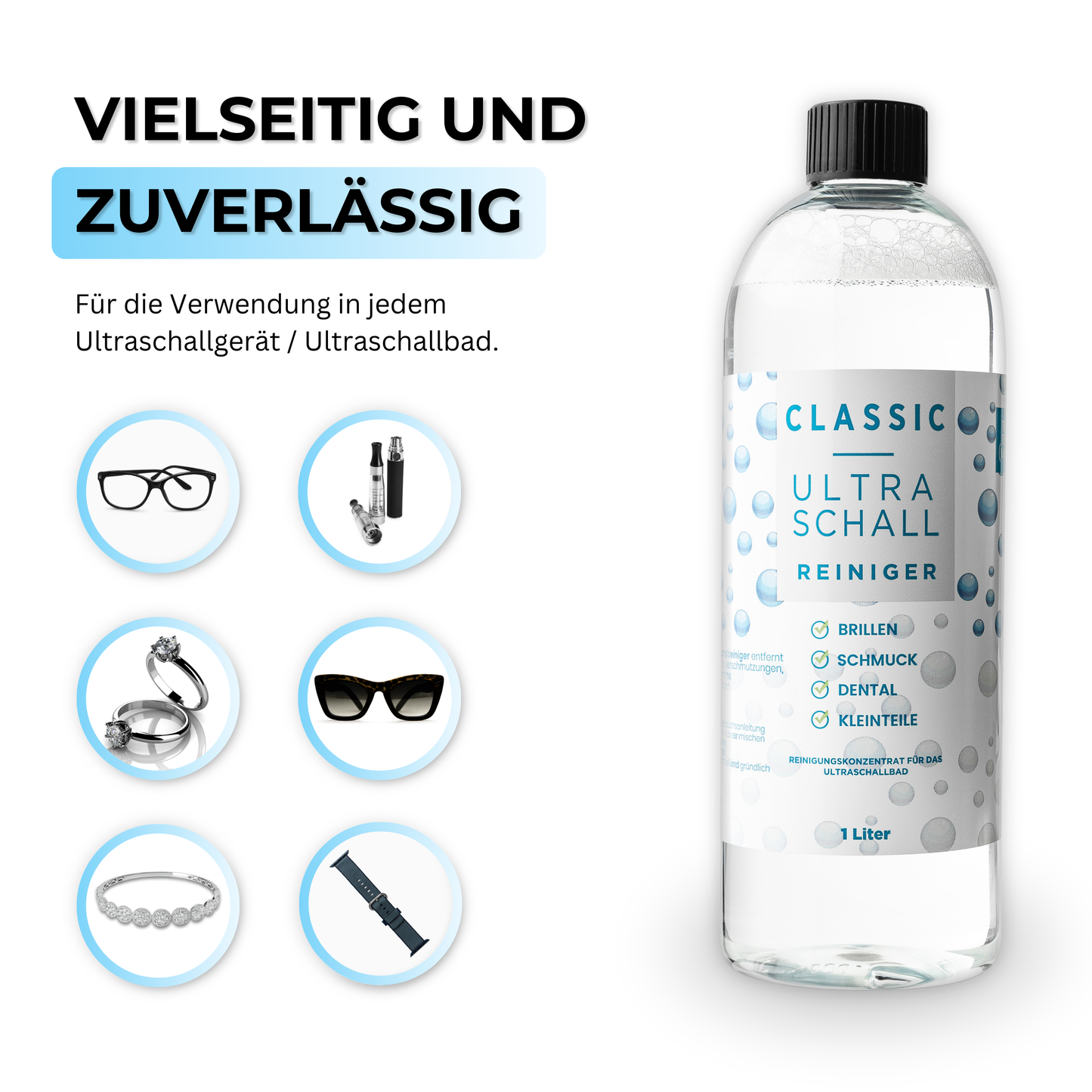 EyeAm Ultraschallreiniger für wasserfeste Artikel wie Schmuck, Uhrenarmbänder, Zahnersatz oder Kaffeefilter – kraftvoll und zugleich schonend für alle Materialien.