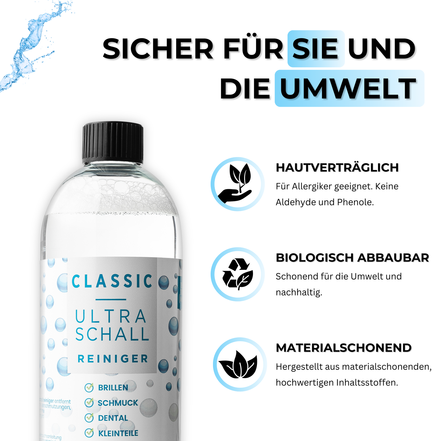 EyeAm Ultraschallreiniger Konzentrat mit Symbolen für Nachhaltigkeit – wiederverwendbare Flasche, plastikfrei, biologisch abbaubare Inhaltsstoffe und umweltschonende Reinigung für Brillen und Schmuck.