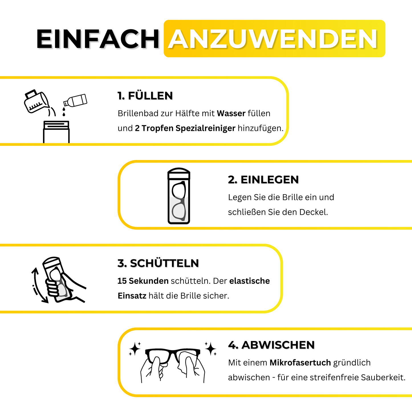 Tutorial: So wenden Sie das EyeAm Brillenbad mit Spezialreiniger und Mikrofasertuch richtig an – für optimale Ergebnisse