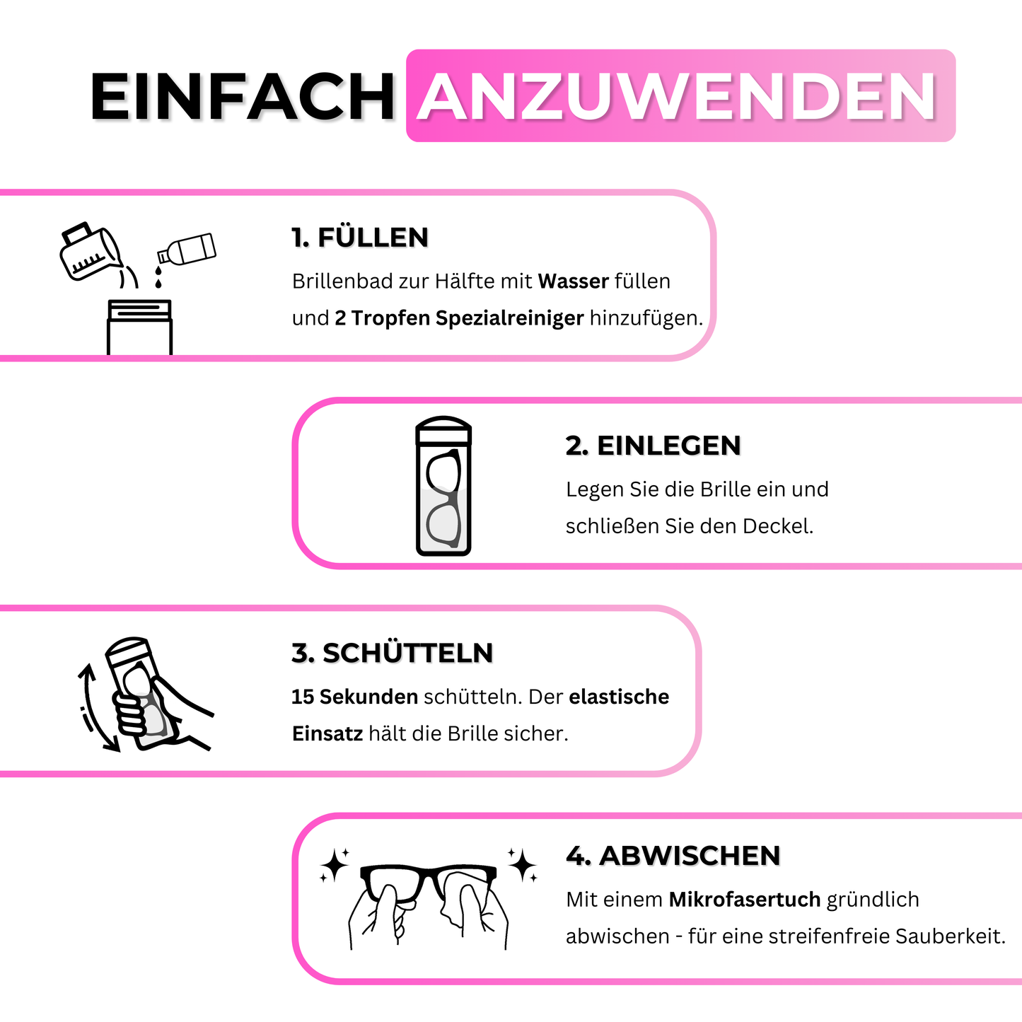 Tutorial: So wenden Sie das EyeAm Brillenbad mit Spezialreiniger und Mikrofasertuch richtig an – für optimale Ergebnisse