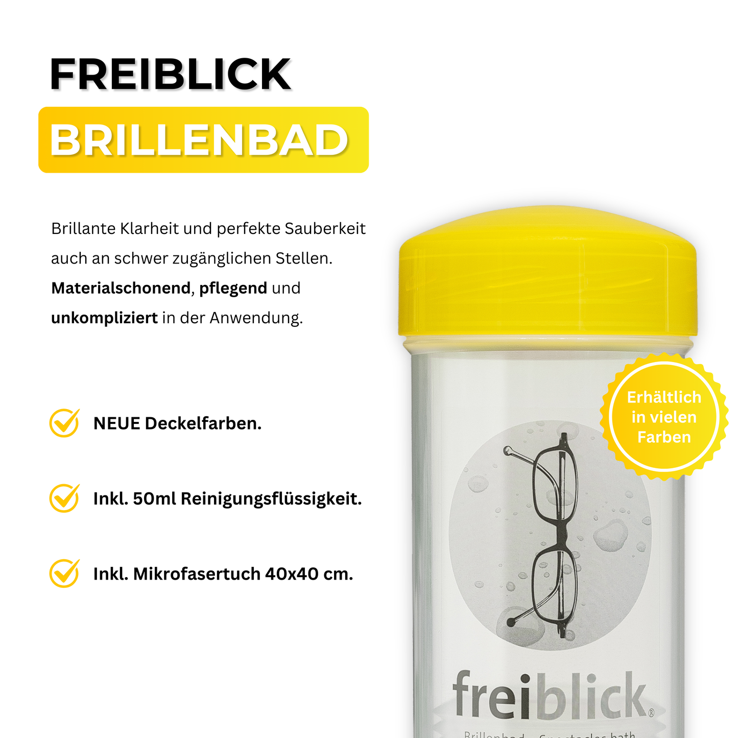 Freiblick Brillenbad im Set mit 50 ml Spezialreiniger und grauem Mikrofasertuch – für streifenfreie Brillenpflege
