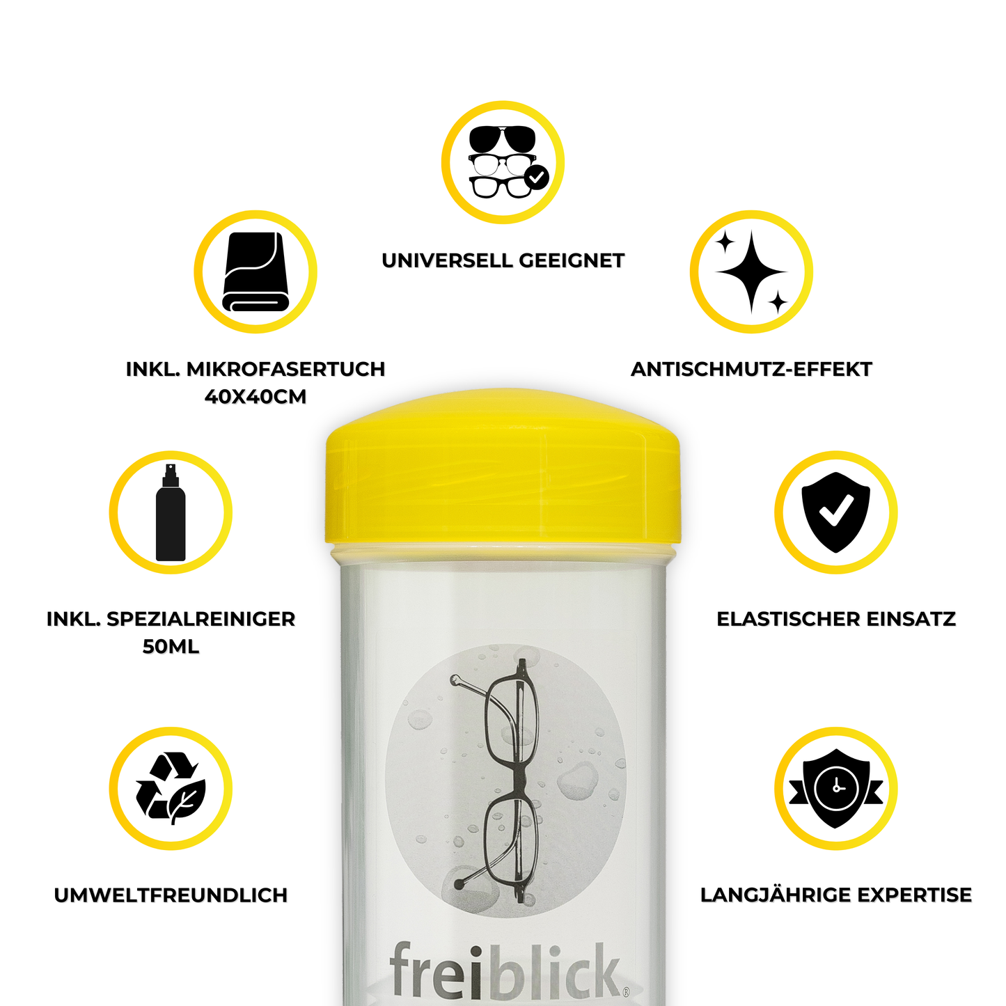 EyeAm Freiblick Brillenbad Vorteile im Überblick: Gründliche Reinigung, Spezialreiniger mit Antischmutz-Effekt, Mikrofasertuch in Optikerqualität, für alle Brillentypen geeignet, nachhaltig und entwickelt mit Augenoptik-Kompetenz aus Hamburg