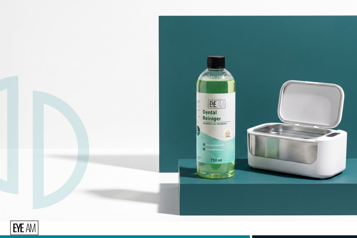 EyeAm Dental Ultraschallreiniger Konzentrat neben einem geöffneten Dental-Ultraschallgerät