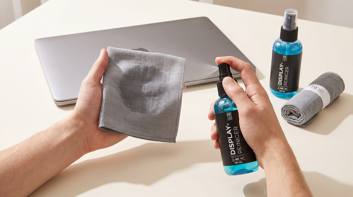 EyeAm Displayreiniger wird aus kurzer Entfernung auf ein Mikrofasertuch gesprüht, der Laptop liegt geschlossen daneben