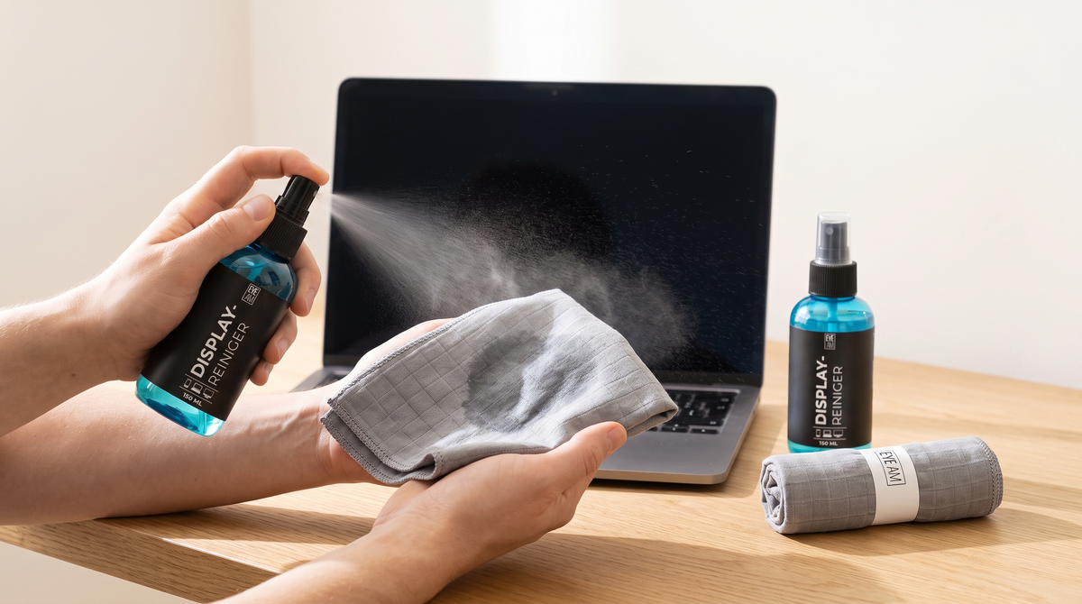 EyeAm Displayreiniger wird auf ein Mikrofasertuch gesprüht, im Hintergrund ein Laptop und die zweite Flasche mit einem zweiten Tuch