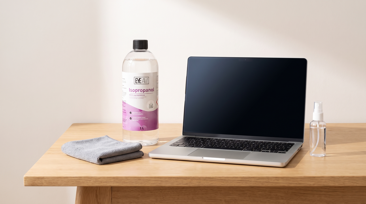 EyeAm Isopropanol in der Ein-Liter-Flasche auf einem Schreibtisch neben einem Mikrofasertuch, einem Laptop und einer kleinen Sprühflasche