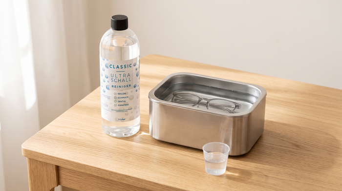 EyeAm Classic Ultraschallreiniger Konzentrat neben einem Ultraschallgerät, in dem eine Brille im Wasser liegt, daneben ein Messbecher