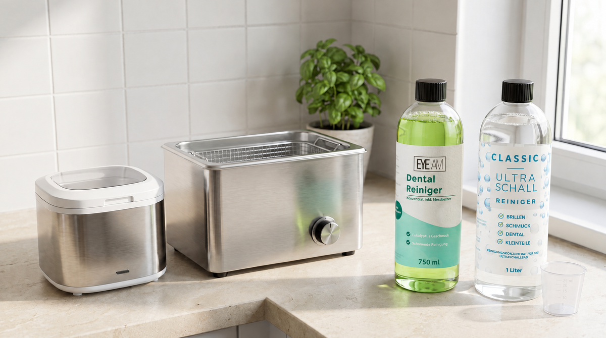 Zwei Ultraschallreiniger in unterschiedlicher Größe auf einer hellen Küchenarbeitsplatte, daneben EyeAm Dental Reiniger 750 ml und Classic Ultraschallreiniger Konzentrat 1 Liter