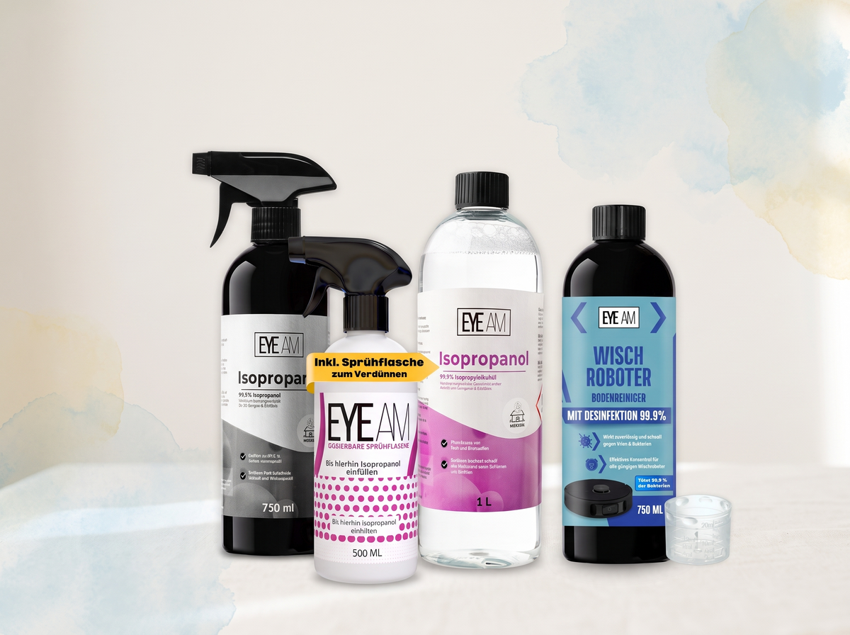 EyeAm Clean: Isopropanol Sprühflaschen, Mischflaschen-Set und Bodenreiniger