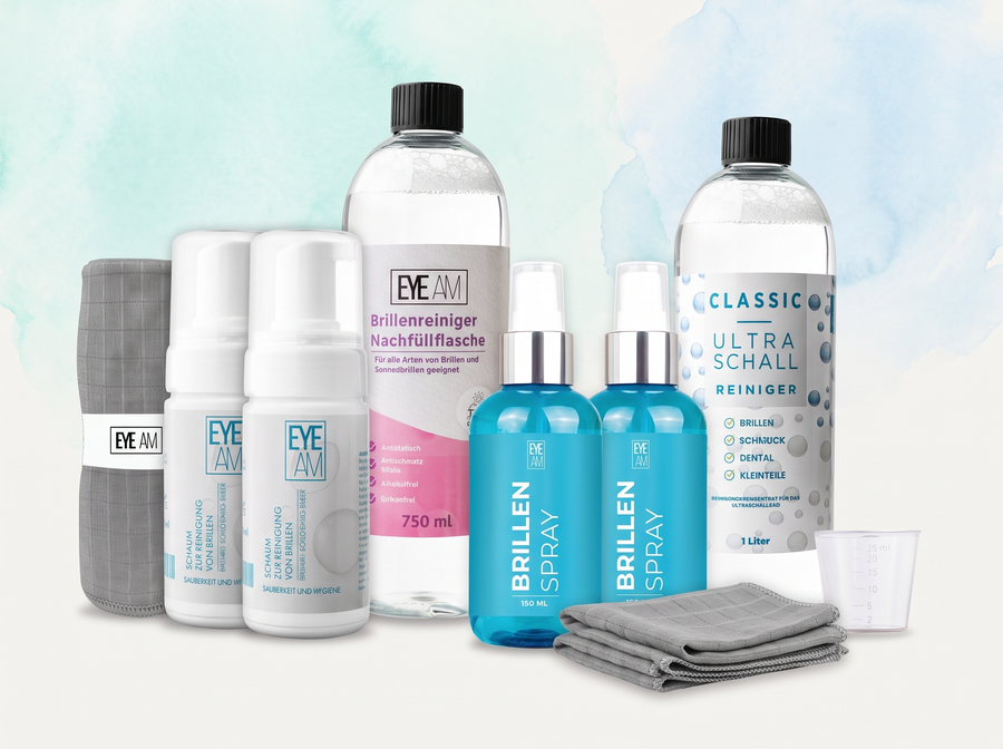 EyeAm Brillenreinigung: Brillenspray, Brillenschaum, Nachfüllflasche und Ultraschall-Konzentrat