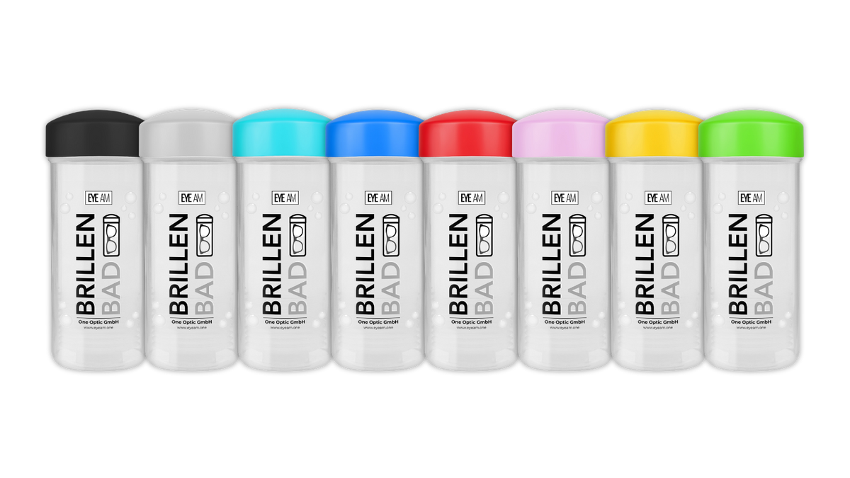EyeAm Brillenbad in acht Farben nebeneinander: Schwarz, Grau, Türkis, Blau, Rot, Rosa, Gelb und Grün