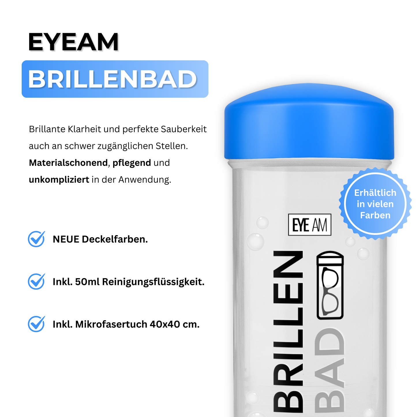 Das EyeAm Brillenbad Set bietet alles für die professionelle Brillenreinigung: Spezialreiniger, Mikrofasertuch und Reinigungssystem. Für Glas- und Kunststoffgläser geeignet – gründlich, schonend und effektiv.