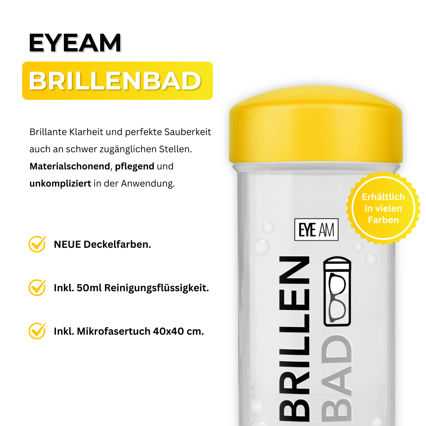 Das EyeAm Brillenbad Set bietet alles für die professionelle Brillenreinigung: Spezialreiniger, Mikrofasertuch und Reinigungssystem. Für Glas- und Kunststoffgläser geeignet – gründlich, schonend und effektiv.