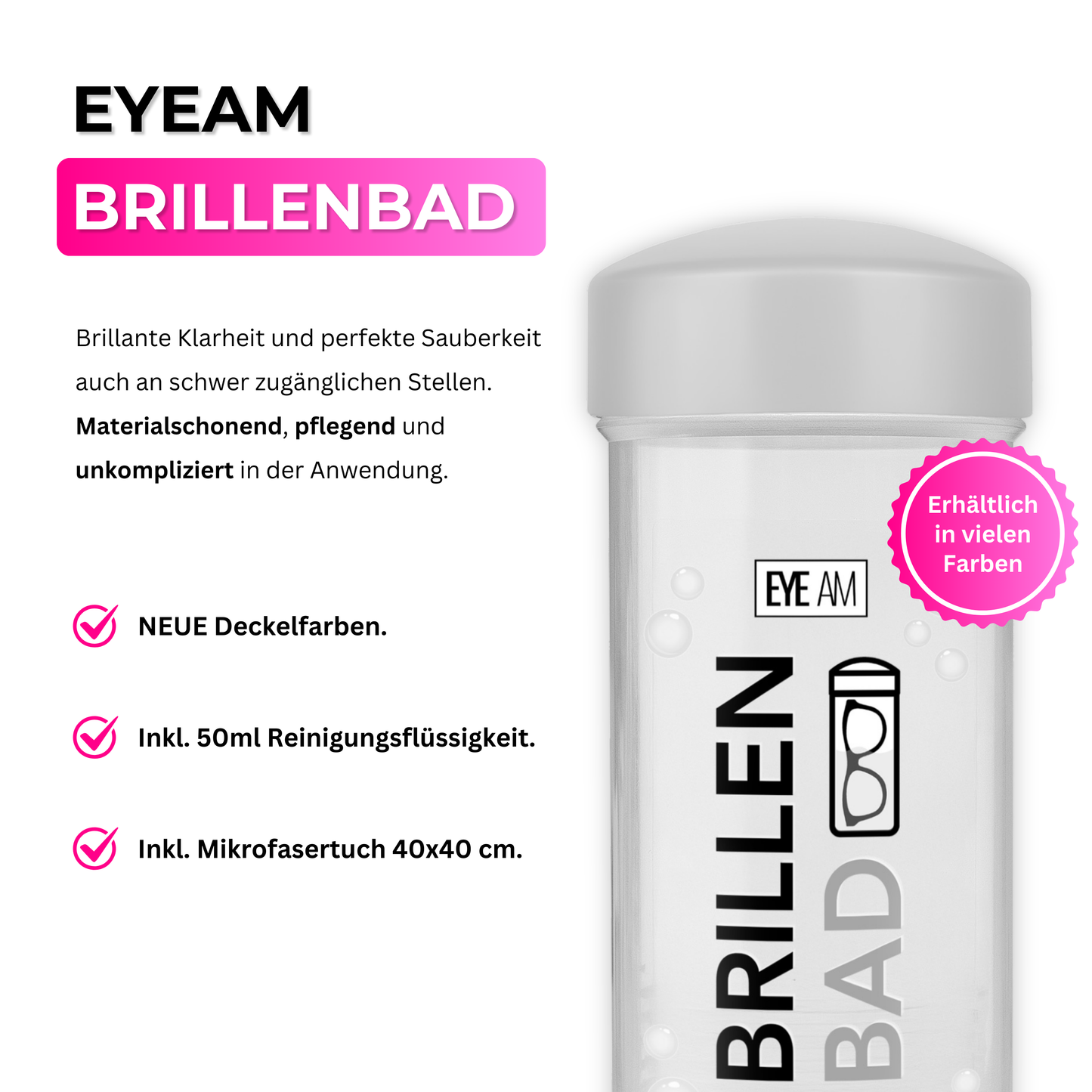 Das EyeAm Brillenbad Set bietet alles für die professionelle Brillenreinigung: Spezialreiniger, Mikrofasertuch und Reinigungssystem. Für Glas- und Kunststoffgläser geeignet – gründlich, schonend und effektiv.