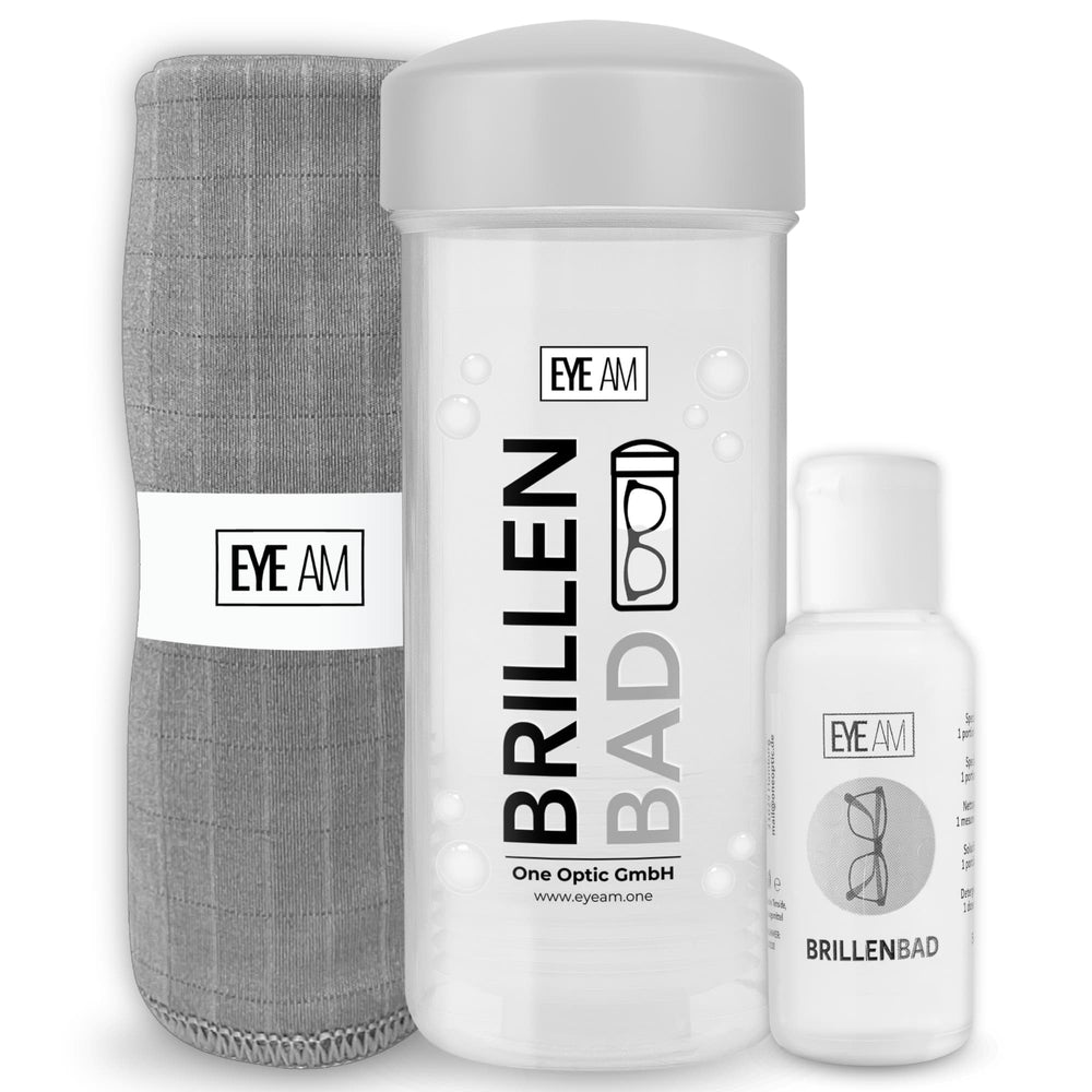 EyeAm Brillenbad Set in Grau: Brillenbad, 50 ml Spezialreiniger und Mikrofasertuch 40 × 40 cm.
