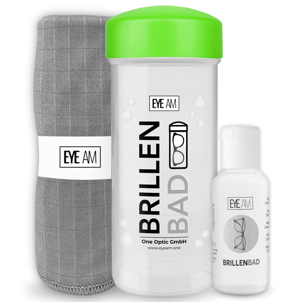 EyeAm Brillenbad Set in Grün: Brillenbad, 50 ml Spezialreiniger und Mikrofasertuch 40 × 40 cm.