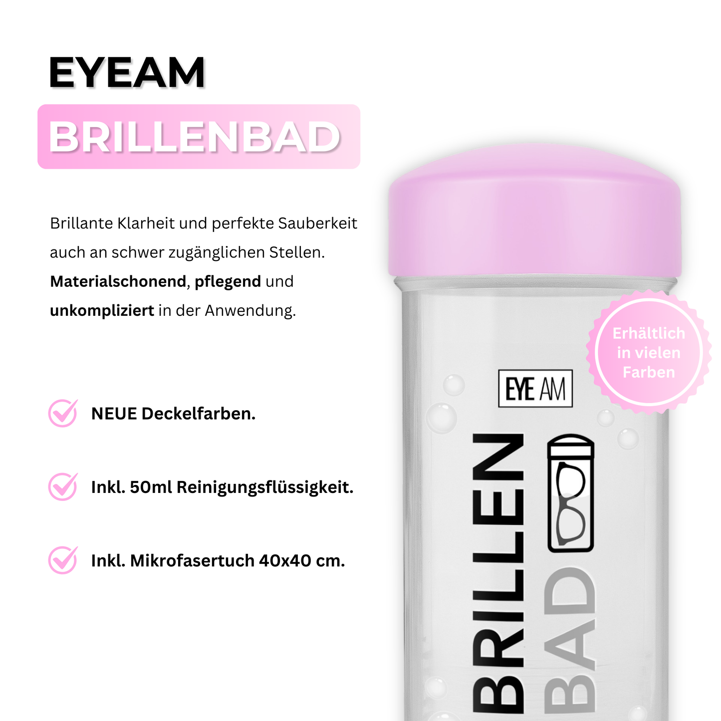 Das EyeAm Brillenbad Set bietet alles für die professionelle Brillenreinigung: Spezialreiniger, Mikrofasertuch und Reinigungssystem. Für Glas- und Kunststoffgläser geeignet – gründlich, schonend und effektiv.