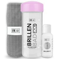 EyeAm Brillenbad Set in Rosa: Brillenbad, 50 ml Spezialreiniger und Mikrofasertuch 40 × 40 cm.