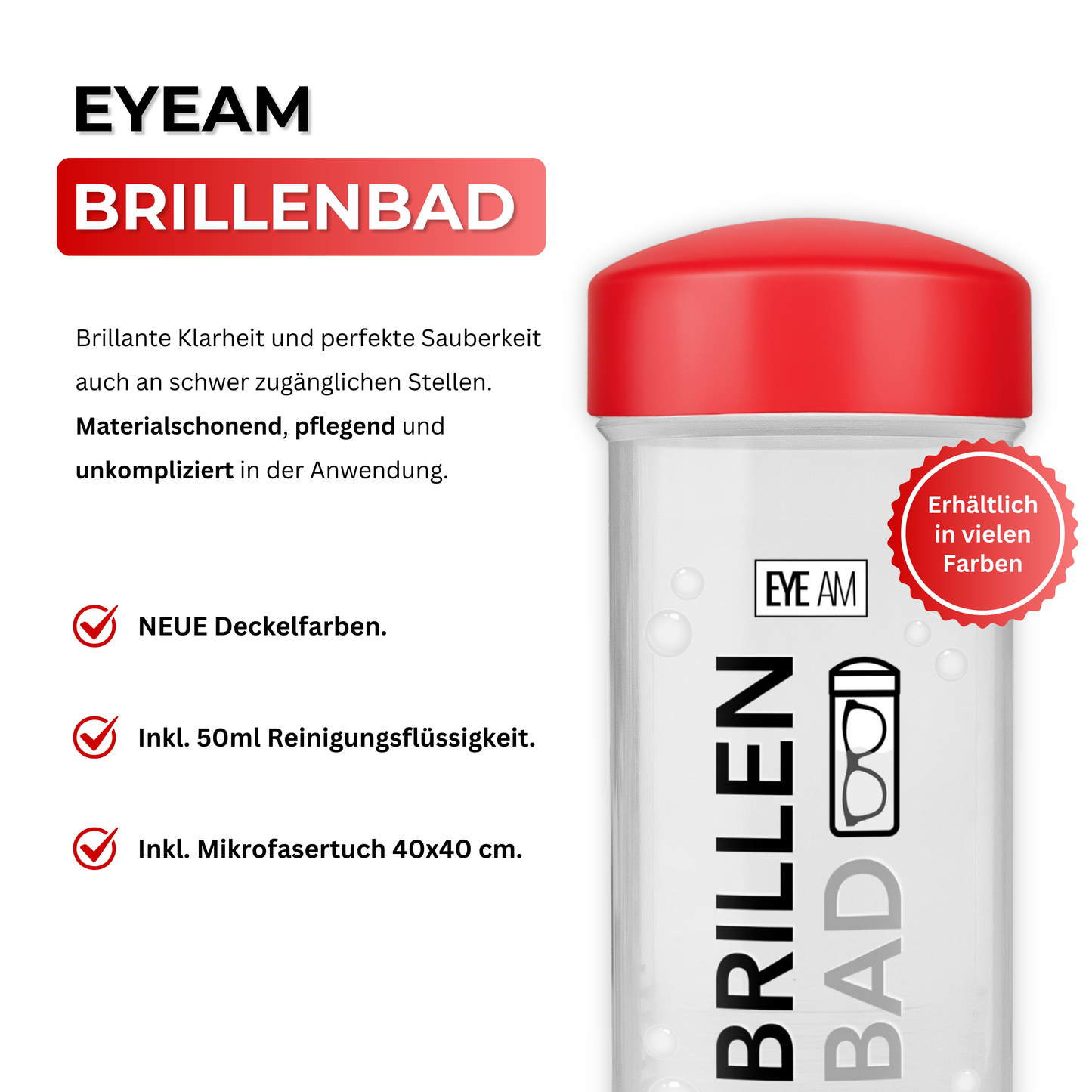 Das EyeAm Brillenbad Set bietet alles für die professionelle Brillenreinigung: Spezialreiniger, Mikrofasertuch und Reinigungssystem. Für Glas- und Kunststoffgläser geeignet – gründlich, schonend und effektiv.