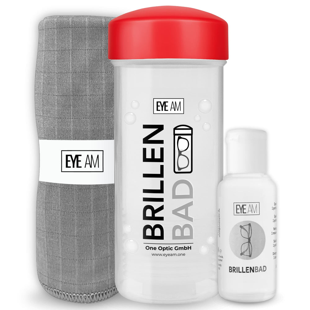 EyeAm Brillenbad Set in Rot: Brillenbad, 50 ml Spezialreiniger und Mikrofasertuch 40 × 40 cm.