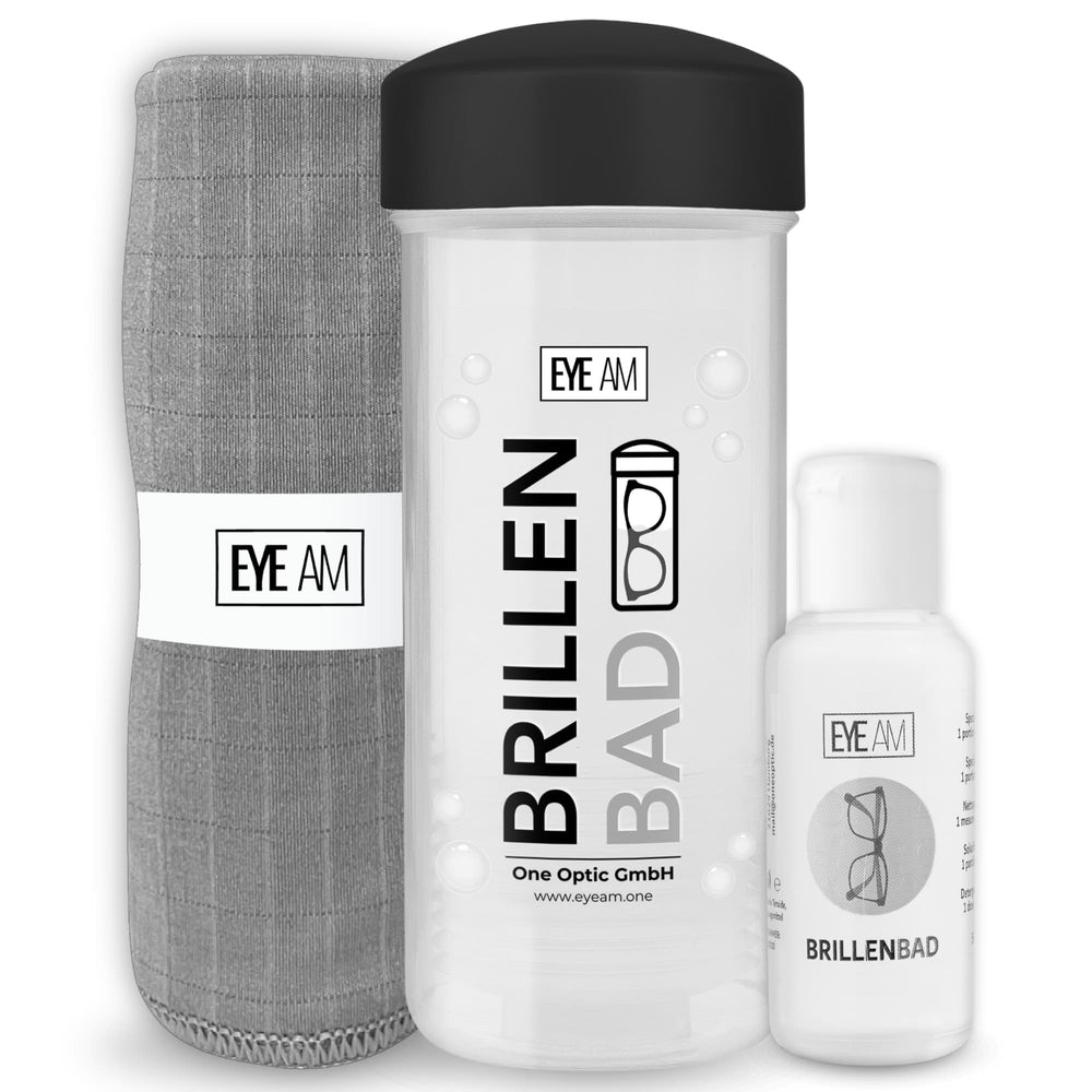 EyeAm Brillenbad Set in Schwarz: Brillenbad, 50 ml Spezialreiniger und Mikrofasertuch 40 × 40 cm.