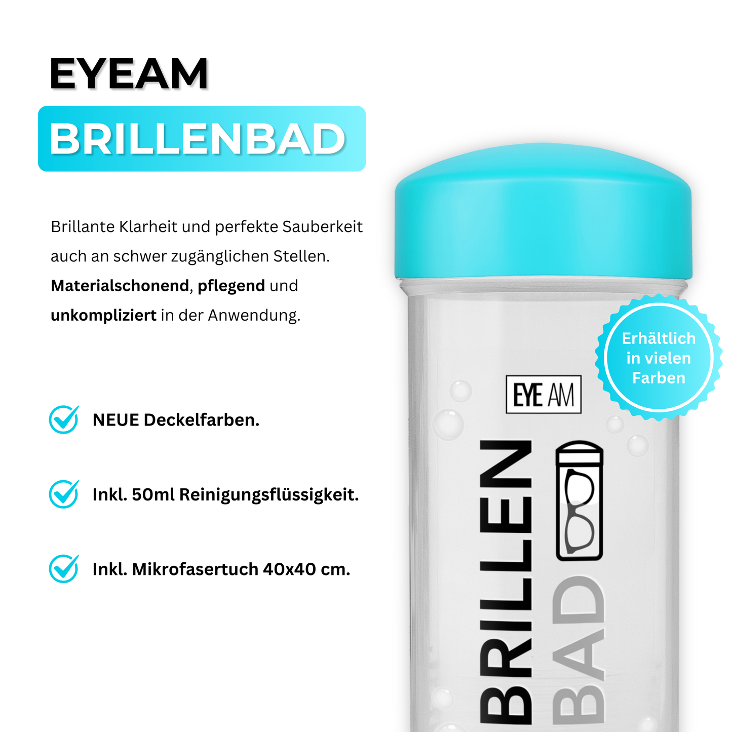 Das EyeAm Brillenbad Set bietet alles für die professionelle Brillenreinigung: Spezialreiniger, Mikrofasertuch und Reinigungssystem. Für Glas- und Kunststoffgläser geeignet – gründlich, schonend und effektiv.