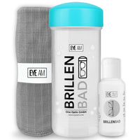 EyeAm Brillenbad Set in Türkis: Brillenbad, 50 ml Spezialreiniger und Mikrofasertuch 40 × 40 cm.