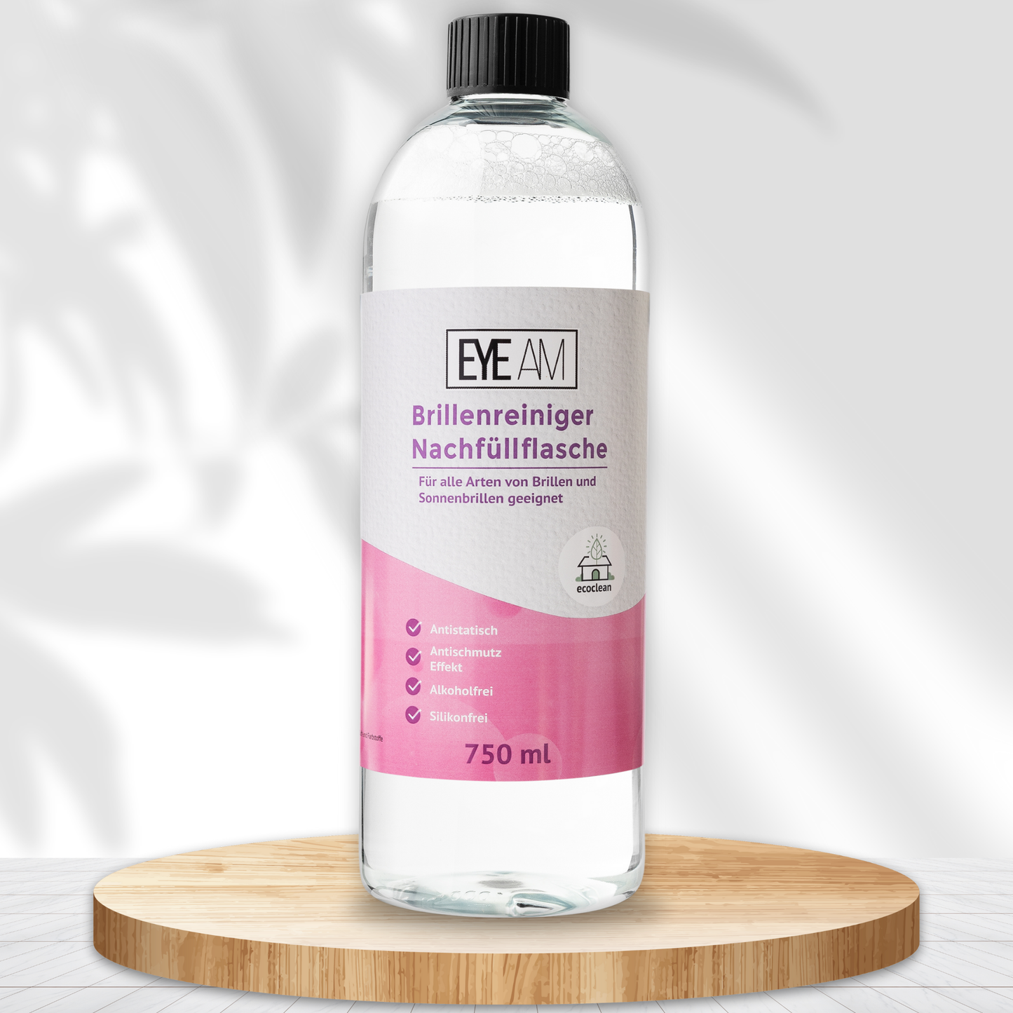 Nachfüllbare Flasche mit 750ml Reinigungsflüssigkeit für Brillen – passend für EyeAm Spraysysteme, umweltfreundlich und ergiebig