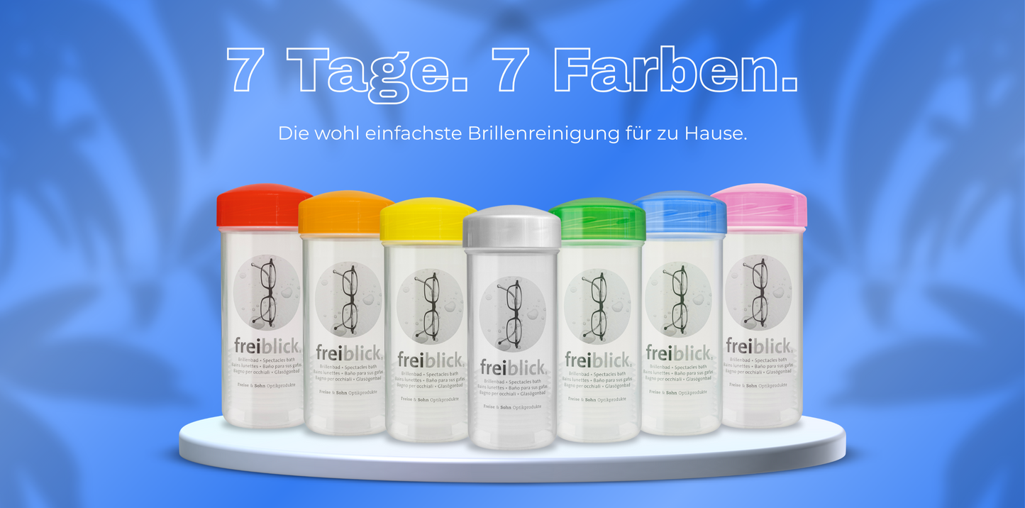 EyeAm Freiblick Brillenbad - 7 Tage 7 Farben - Rot, Orange, Gelb, Grau, Grün, Blau, Rosa