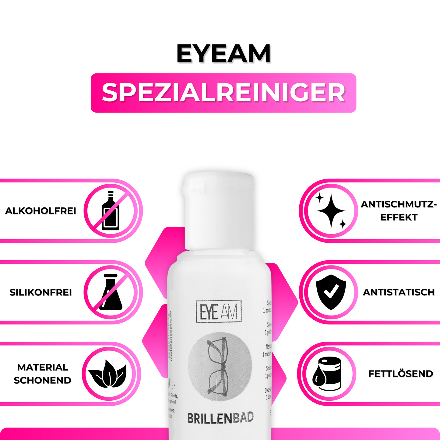 Der EyeAm Spezialreiniger entfernt zuverlässig Fett, Staub und Fingerabdrücke. Antischmutz-Effekt sorgt für langanhaltende Sauberkeit – perfekt abgestimmt auf das EyeAm Brillenbad Set.